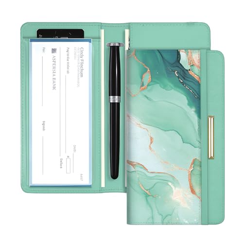 UNICRAFTALE Housse De Chéquier en Similicuir 18x10,5cm Motif Marbre avec Doubles Chèques Porte Stylo Et Fentes Cartes Protection RFID pour Chéquiers...