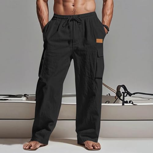 Cotton Linen Pants for Men Lightweight Comfy Beach Drawstring Waist Pants Casual Straight Leg Trousers with Pockets2