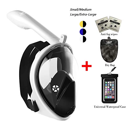 180° Snorkel Mask View for Adults and Youth. Full Face Free Breathing Design.[Free Bonuses] Cell Phone Universal Waterproof Case (Dry Bag) and Anti-Fog Wipes (Kung Fu Penda, Small/Medium)