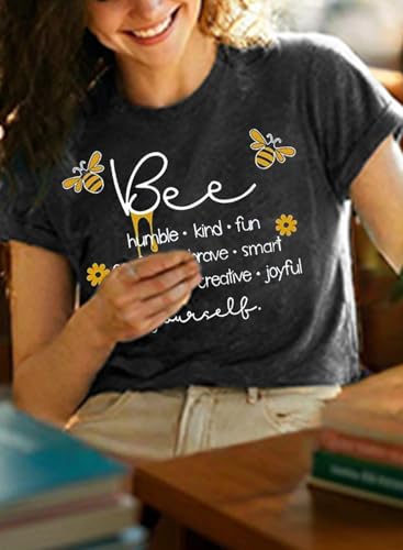Women Cute Bee Graphic Tee Shirts Short Sleeve Inspirational Funny Letter Print Summer Loose Tee Tops4
