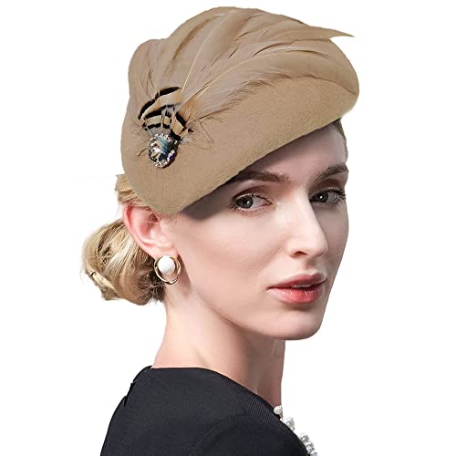 HIMESPORT Women Wool Felt Rhinestone Beret Wedding Hats with Feather Fashion Caps Elegant Church Tea Party Fedoras Chapeau