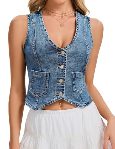 Genhoo Denim Vest Sleeveless Jean Vest Top for Women V