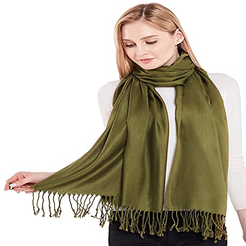 CJ Apparel Olive Green Solid Color Tassels Design Nepalese Shawl Scarf Wrap Stole Throw Head Wrap Pashmina Hand Made in Nepal New2