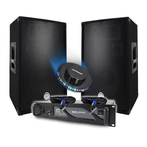 Pack Sono DJ BM Bmsonic Ampli 2000W Paire d'Enceintes 2x600W, Câbles, Sonorisation Pro, OVNI LED, Fête Soirée, Bar Salle des fêtes