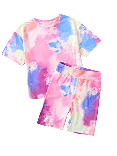 Image of SOLY HUX Girl's Tie Dye Short Sleeve Round Neck T Shirt and Biker Shorts 2 Piece Summer Outfit