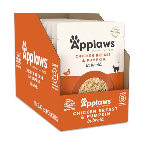 Applaws Natural Wet Cat Food, 12 Count, Limited Ingredient Wet Cat Food Pouches, Chicken Breast with Pumpkin in Broth, 2.47oz Pouches