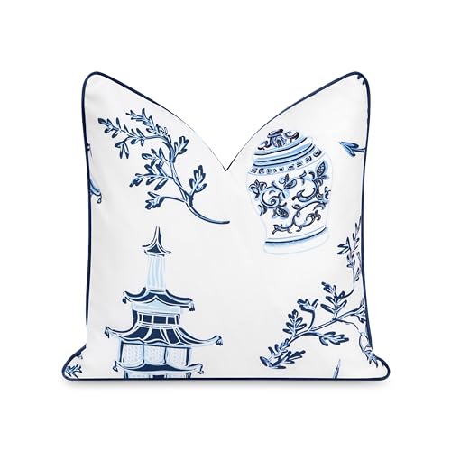 Premium Coastal Throw Pillow Cover - Navy Blue Chinoiserie with Piping