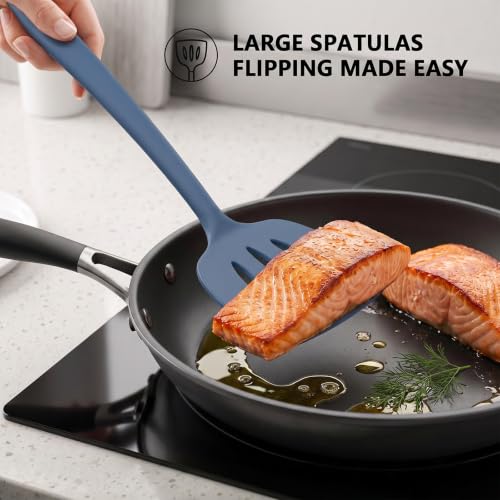 Image of Coukre 3 Pack Silicone Spatula Set, Heat Resistant to 500F, BPA-Free | Fish Spatula, Solid & Slotted Turners, Dishwasher Safe, Spatula Set for Eggs, Pancakes, Fish & Burgers, PureDarkBlue