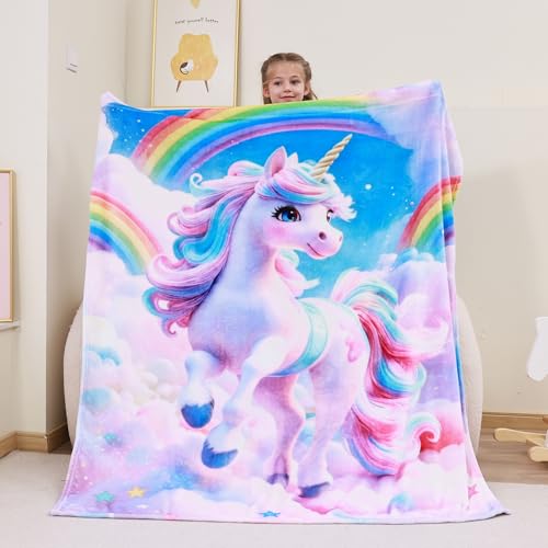 Softan Kids Throw Blanket for Girls & Boys, Warm Soft Toddler Fleece Blankets for Sofa Couch Bed， Cozy Fuzzy Plush Flannel Kids Throw Blanket for Daycare & School - 50x60In Rainbow Unicorn