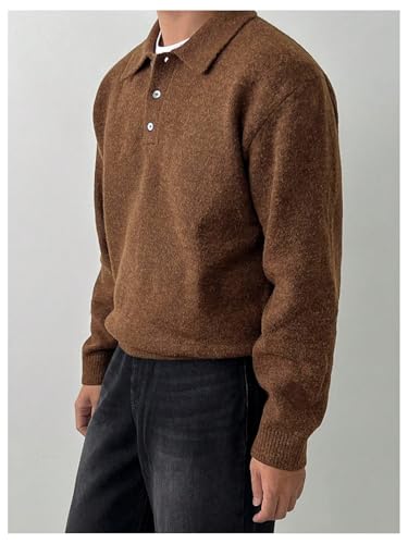 OYOANGLE Men's Button Front Collared Neck Pullover Sweater Drop Shoulder Solid Casual Knit Tops2