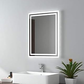 EMKE 800 X 600 mm LED Illuminated Bathroom Mirror with Shaver Socket Bluetooth, Wall Mounted Bathroom Mirrors with Touch Sensor Anti Fog Adjustable Brightness for Makeup Cosmetic