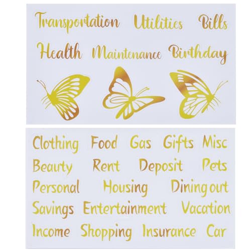 GORGECRAFT 8 Sheets Budget List Binder Labels Vinyl Decals Cash Envelope Budget Category Gold Stickers Butterfly Pattern Binder Label for Finance Planner Wallet Money Bill Coupon Organizer