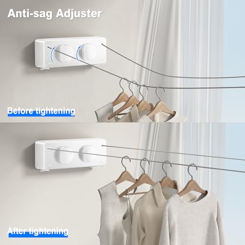 Image of MUSTORN Retractable Clothesline Indoor, Non-Sagging Twin Clothes Line Retracting Outdoor Heavy Duty Clothes Drying Laundry Line Wall Mounted Stainless Steel Double Line-13.8 ft(White)