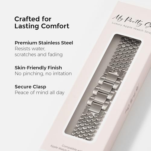 Image of My Pretty Strap - Compatible Apple Watch Band Strap, Stainless Steel Fashion iWatch Replacement Strap- Easy Resizing, No Tool Needed, Fits Most Wrists- Series 1-11, SE and Ultra