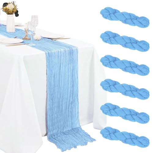 6 Pack Cheesecloth Table Runner 20 x 120 Inch Baby Blue Boho Gauze Cheese Cloth Table Runners 10 FT Long Rustic Sheer Table Decorations for Wedding Party Baby Bridal Shower Birthday Holiday Home
