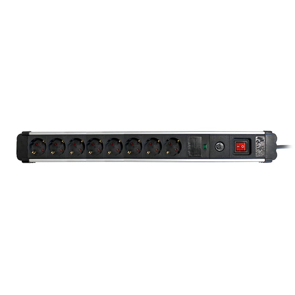 SIMON - Enchufe Múltiple Extrapower, Ladrón de Enchufes con Interruptor, 8 Tomas Schuko 16 A 250V, Protección de Sobretensiones y Cable 1,5M, Color Aluminio