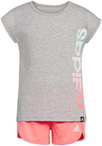 adidas Girls' Baby 2 Piece Graphic Tee & Mesh Short Set, Medium Grey Heather, 12 Months