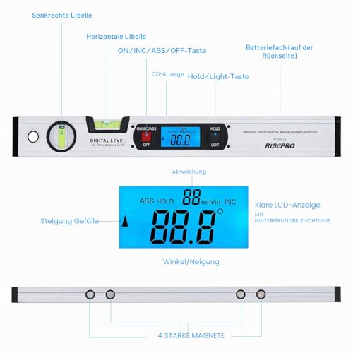 Neigungsmesser, RISEPRO Digitale Neigungsmesser Winkel Finder Gauge Spirit Level aufrecht Magnet 360 ° Range 416 mm lang mit Hintergrundbeleuchtung 82112 S