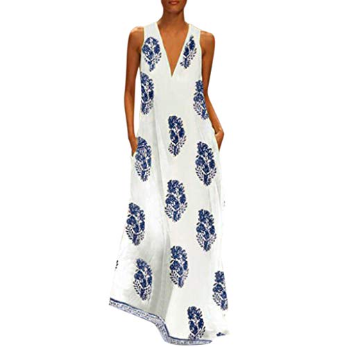 Womens Plus Size Maxi Dresses with Pockets, Vintage Summer Sleeveless V-Neck Patchwork Long Dress Tank Tunic Dress