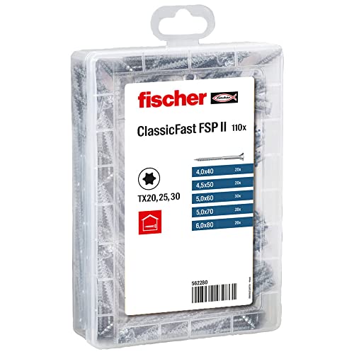 fischer ClassicFast Meisterbox Assortment Box with Chipboard Screws for Interior Wood Building Materials Countersunk Head Partial Thread Torx Blue Galvanised 110 Pieces Item No. 562280