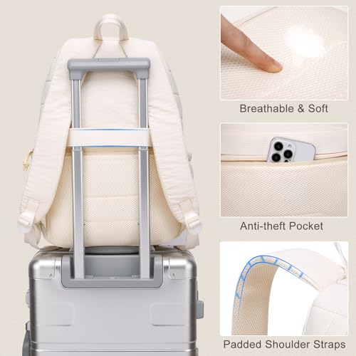 Image of kadilong 17.3 Inch Laptop Backpack for Women College Travel,Quilted Daypack Bookbag for School Teen Girls Mochilas Mujer,Beige