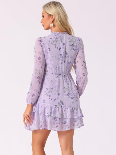 Image of Allegra K Women's Spring Dresses 2026 Tie V Neck Semi Sheer Long Sleeve Layered Tiered Chiffon Mini Floral Dress