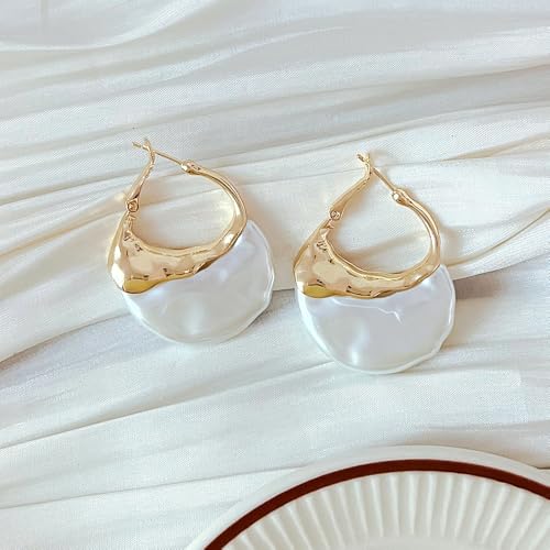Trendy 14K Gold Irregular Pearl Hoop Earrings for Women,Unique Large Statement Pearl Drop Dangle Earrings,Charm Valentine's Day Jewelry Gifts4