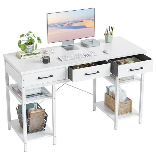 CubiCubi Computer Desk with 3 Drawers and Storage Shelves, 120cm Office Desk, Modern Gaming Desk for Study, Bedroom, Living Room, White