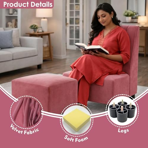 Image of Rosebell Sofa with Ottoman Combo Single Seater Sofa Set with Matching Footrest for Living Room & Guest Room, Office - Rose Pink Color