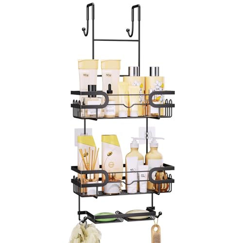 SWTYMIKI Over the Door Shower Caddy Hanging with Double Soap Holder, Hanging Shower Organizer with 16 Hooks, No Drilling Shower Shelves Over Door, Bathroom Rack and Storage, Black
