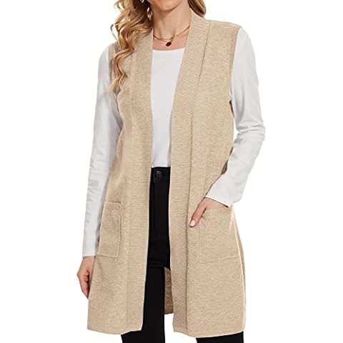 Beautiful Nomad Sleeveless Cardigans for Women Long Sweater Vest Jacket Ribbed Outerwear Coat with Pockets Camel Cover