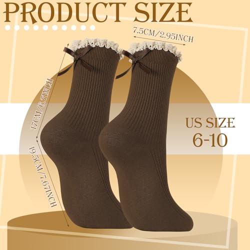 Image of 6 Pairs Womens Bow Socks Ruffle Casual Crew Socks Cute Black White Soft Breathable Cotton Frilly Ankle Socks