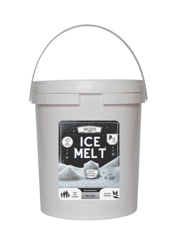 Home and Country USA Halite Crystals Ice Melt Effective to -25°F, Eco-Friendly De-Icer, Optimal Granule Size for Quick Melting, Ideal for Driveways, Walkways, and Entryways 50 lb Pail