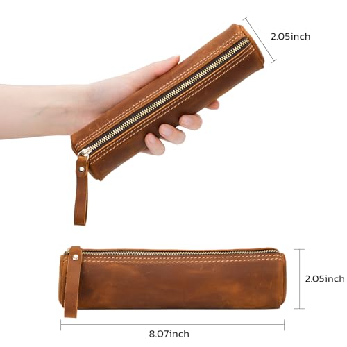 Image of ECHSRT Genuine Leather Pencil Pouch, Classic Cylinder Pen Bag - Brown | Full-Grain Cowhide Leather, Crazy Horse Finish, Single Zipper, Vintage Pen Organizer for Adults