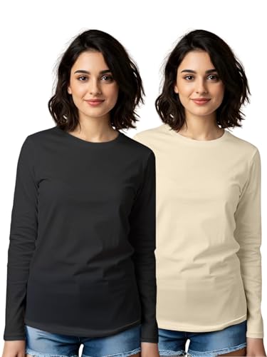 Image of JUNEBERRY Cotton Round Neck Regular Fit Solid Core Full Sleeve T-Shirt Combo for Women & Girls (Pack of 2) (Available Colors: Black, White, Navy, Green,Swanwhite & Cork)