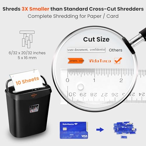 Image of VidaTeco Micro-Cut Paper Shredder 10-Sheet Shreds Paper /Card /Staple /Clip Paper Shredder for Home Office Security Level P-4 Jam Proof System 15L Pullout Basket