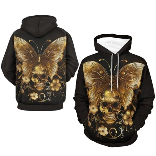 Sweatshirt Pullover Papillon Doré Crâne au Design Graphique Contrasté - 7