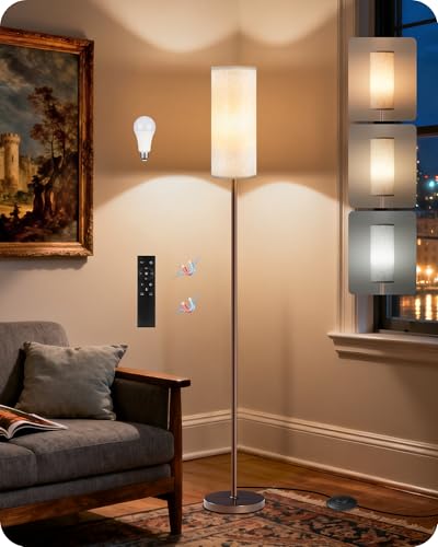 GOEBLESON Dimmable Floor Lamps for Living Room with Remote and Foot Switch, 64.4” Modern Standing Tall Lamp, Corner Lamp for Bedroom, Office, Bulb Included, 3000K-6500K, Beige and Brown VW06LD05W1