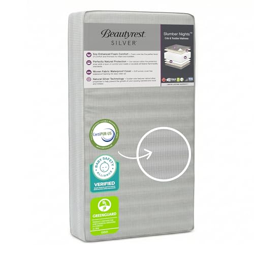 Image of Beautyrest Silver Slumber Nights Dual Sided 2-Stage Crib Mattress and Toddler Mattress - GREENGUARD Gold – Waterproof - Plant Based Soy Foam Core, Grey