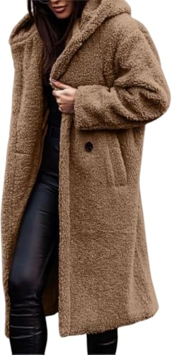 Women's Long Hooded Coats Fleece Warm Button Cardigan Jacket Outerwear Fashion Oversized Sweaters with Pockets (Camel,X-Large)