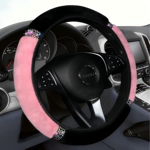 YSFKJ Fluffy Steering Wheel Cover, Universal 15 Inch Colorful Rhinestones Car Steering Wheel Cover, Sparkly Crystal Diamond Steering Wheel Protector for Women Girls,Pink