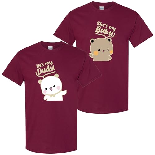 Hes My Dudu T-Shirt Cute Valentines Day Bear Tee for Couples or Friends Kawaii Matching Unisex Gift Shirt - Maroon - Medium