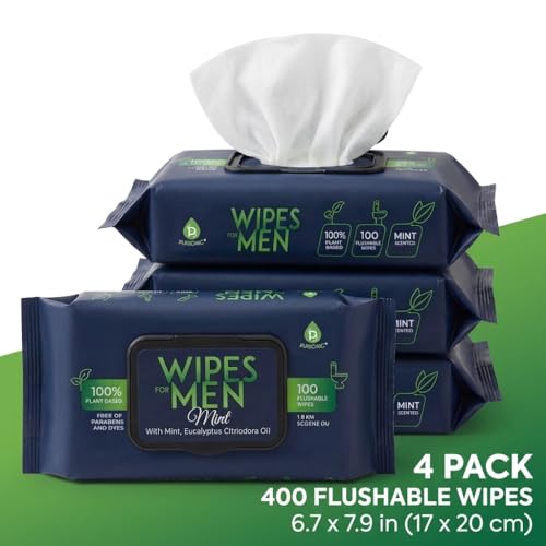 Image of Pursonic Soft Mint Flushable Wipes for Men - 4 Packs of 100ct (400 Total) - Plant-Based Face & Body Wipes with Aloe Vera & Vitamin E - Extra Large for Gentle & Thorough Cleansing