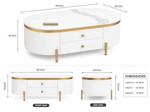 Image of Tesla Centre Table, 42x24x18 Inch, Nano Composite White Marble Top, Gold Accents, 2-Drawer Storage, Oval Design, Waterproof Plywood, PVD Legs, Modern Coffee Table for Living /Entryway