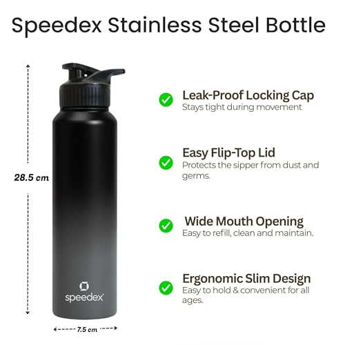 Image of Speedex Stainless Steel Metal Water Bottle 1 Ltr 1000 ml, BIS Approved, Leak Proof Sipper Cap Bottle for Office, School, Gym, Travel, Daily Use for Men, Women, Kids, Adults, Black Grey, Set of 3