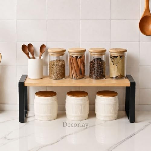 Image of Decorlay Metal & Wooden Spice Rack Organizer Space Saver Counter-top Storage for Kitchen, Bathroom, Office, and Cosmetics (Black + Beech, Single - Tier)