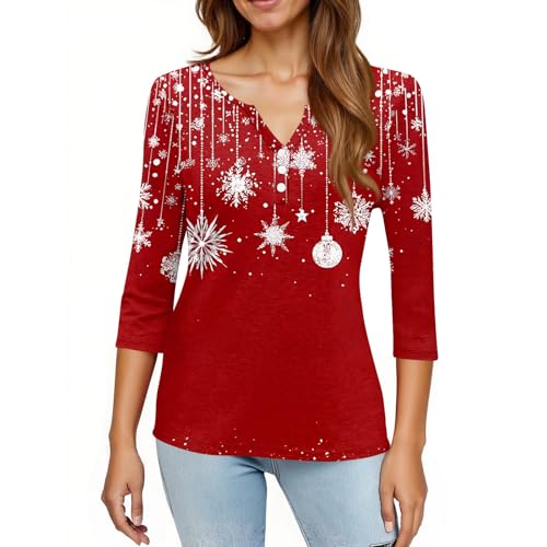 Image of Women Christmas Shirt 3 /4 Length Sleeve Henley Tops Xmas Outfits