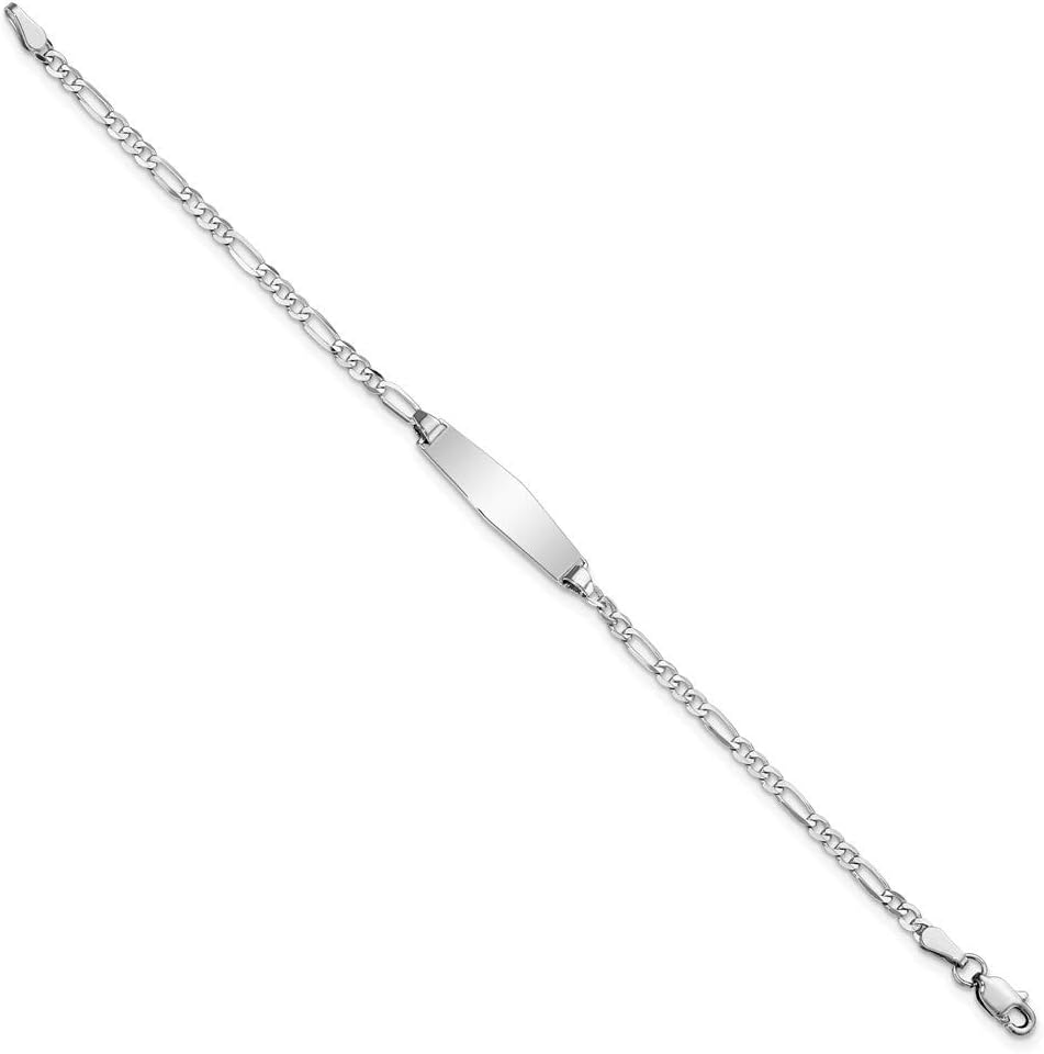 Solid 14k White Gold Figaro Link Soft Diamond-Shape ID Bracelet Engravable Identification Name Bar Tag - with Secure Lobster Lock Clasp 6" (Width = 5mm)
