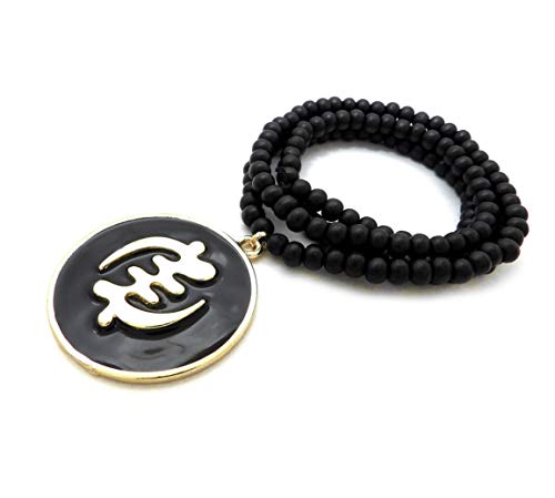 NYFASHION101 Adinkra Symbol Gye Nyame Medallion with 6mm 30" Black Wood Bead Necklace3