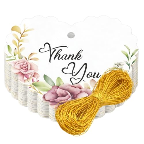 Image of CVANU Heart Shaped Thank You Tags 150-Pcs with Golden String, Floral Design Gift Tags for Wedding Favors| Birthday Party| Small Business Packaging (2.16x2.36 inch) D7
